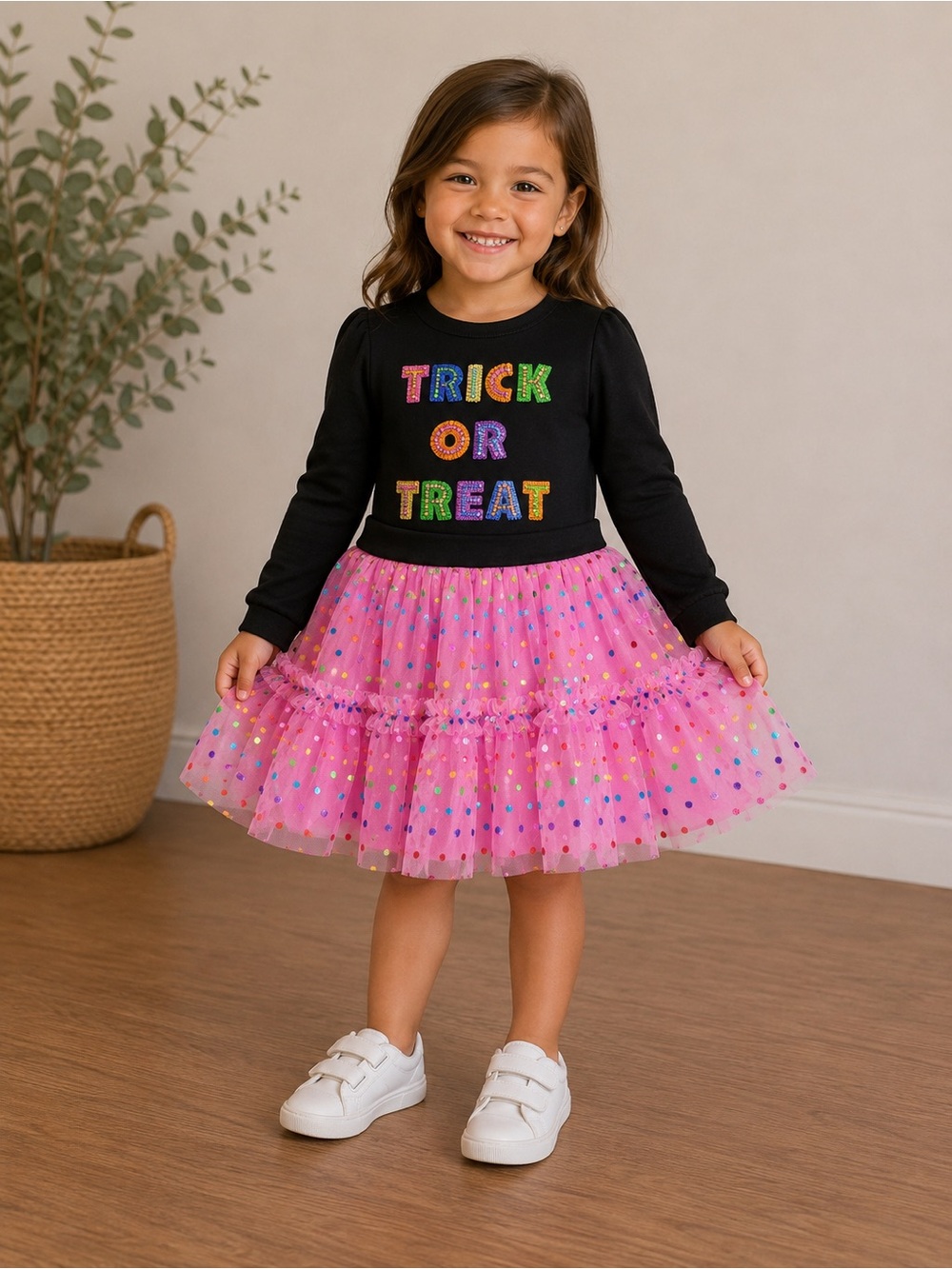 Zunie • NWT Girls' Pink Polka Dot Tulle Skirt Dress with 'Trick or Treat' Bodice